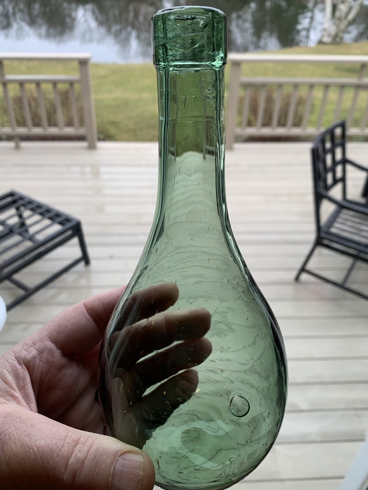 Vintage Hand Blown Aqua-Green Glass Round Bottom Wine Bottle