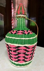 Vintage Viresa Labeled Spain Wine Bottle Plastic Woven Wicker Metal Handle 12”H