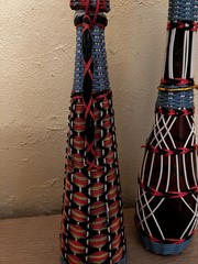 VTG MCM 2 Wicker Wrapped Scoubidou Wine Bottles Multicolor 15 & 17” Tall