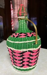 Vintage Viresa Labeled Spain Wine Bottle Plastic Woven Wicker Metal Handle 12”H