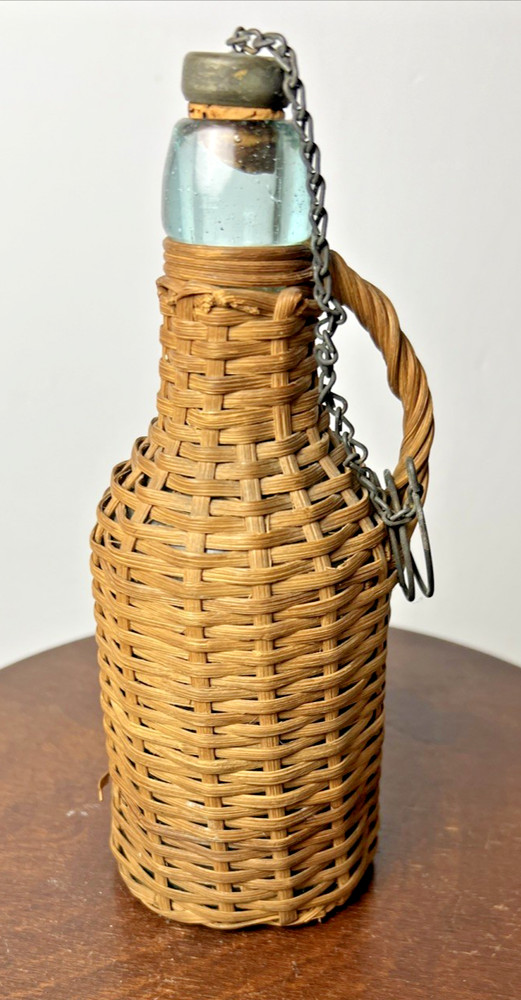 Demijohn Rattan Wicker Cover Wine Whiskey Bottle Lid Stopper & Ring Miniature 8&Prime;