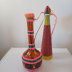 Vintage 60s MCM Viresa Spain Scoubidou Plastic Wicker Wrapped Wine Bottle Boho