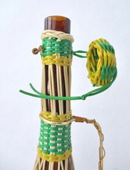 Vtg MCM Tall Brown EMPTY Wine Bottle Wicker Cover Metal Handle Wood Base Stopper