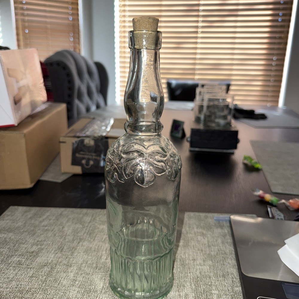 La Mediterranean Blown Teal Glass Wine Bottle W/Cork Embossed Grapes