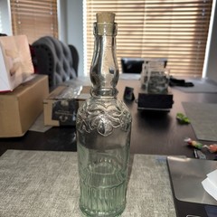 La Mediterranean Blown Teal Glass Wine Bottle W/Cork Embossed Grapes