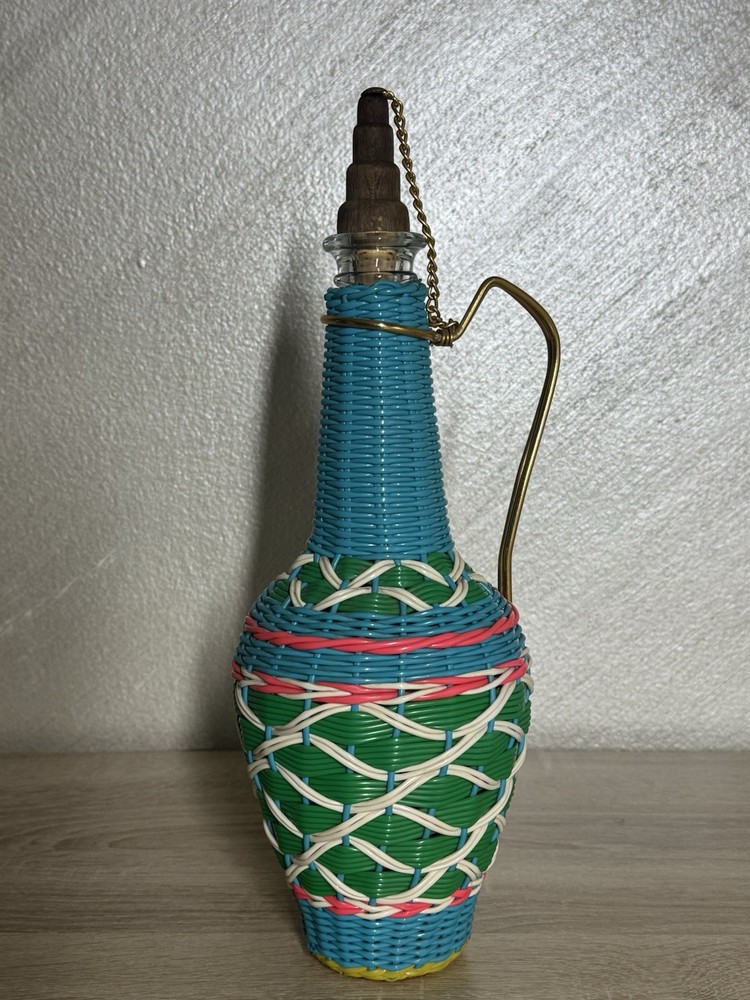 Vintage Spain Wine Bottle Plastic Woven Wicker Metal Handle