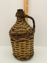Rustic Wicker Wrapped Green Glass Bottle with a Handle VTG