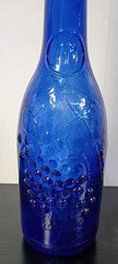 Vintage AM Cobalt Blue Glass Wine Bottle 12&Prime; Tall Embossed Grapes Leaves Cork