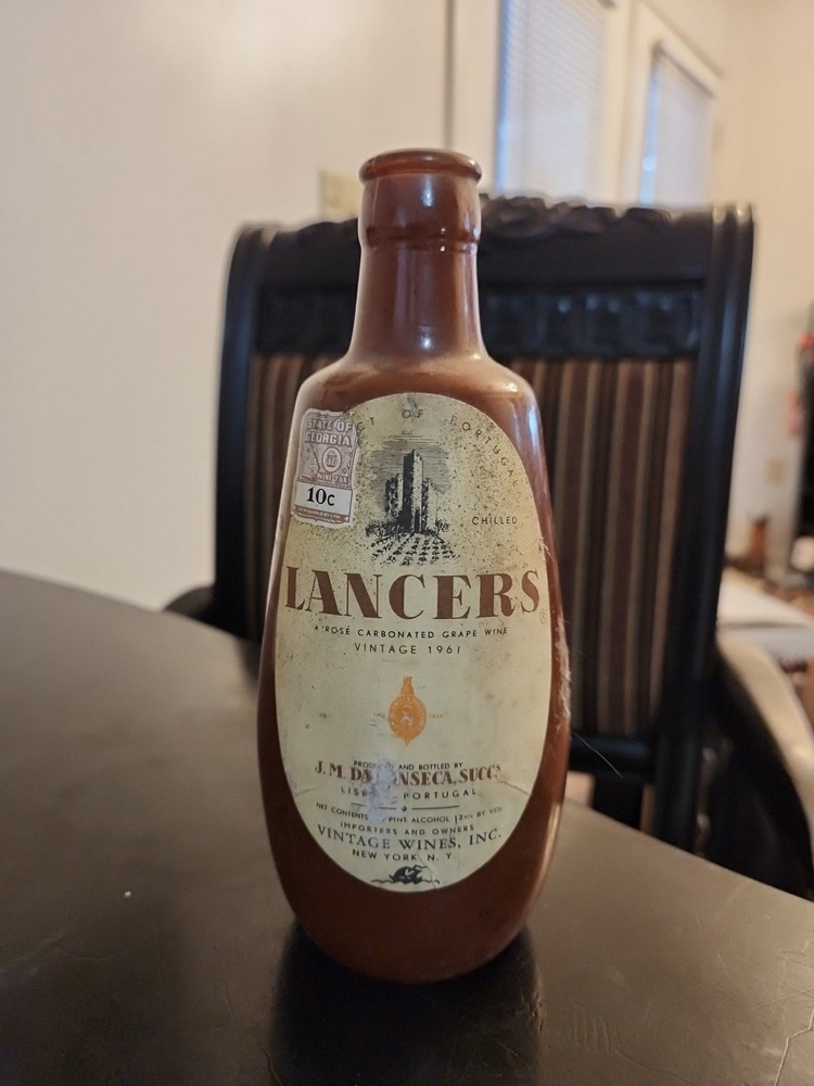 Vintage 1961 Lancers Rosé Stoneware 7.5” Portugal Brown Ceramic Jug GA wine Tax