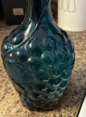 Clear TEAL Grape Vineyard Design Wine Bottle 10” tall Rare Vintage