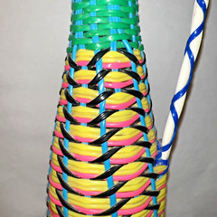 Vintage Viresa Plastic Wicker Wrapped Wine Bottle Boho Chic Spain colorful 15&Prime; H