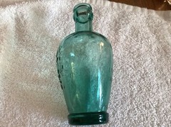 Vintage 6” Wine Bottle Grape Design With Heart ..Cantine Vaseline..Teal Blue