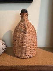Vintage 8.5” Wicker Wrapped Brown Glass Wine Liquor Bottle Willow Basket