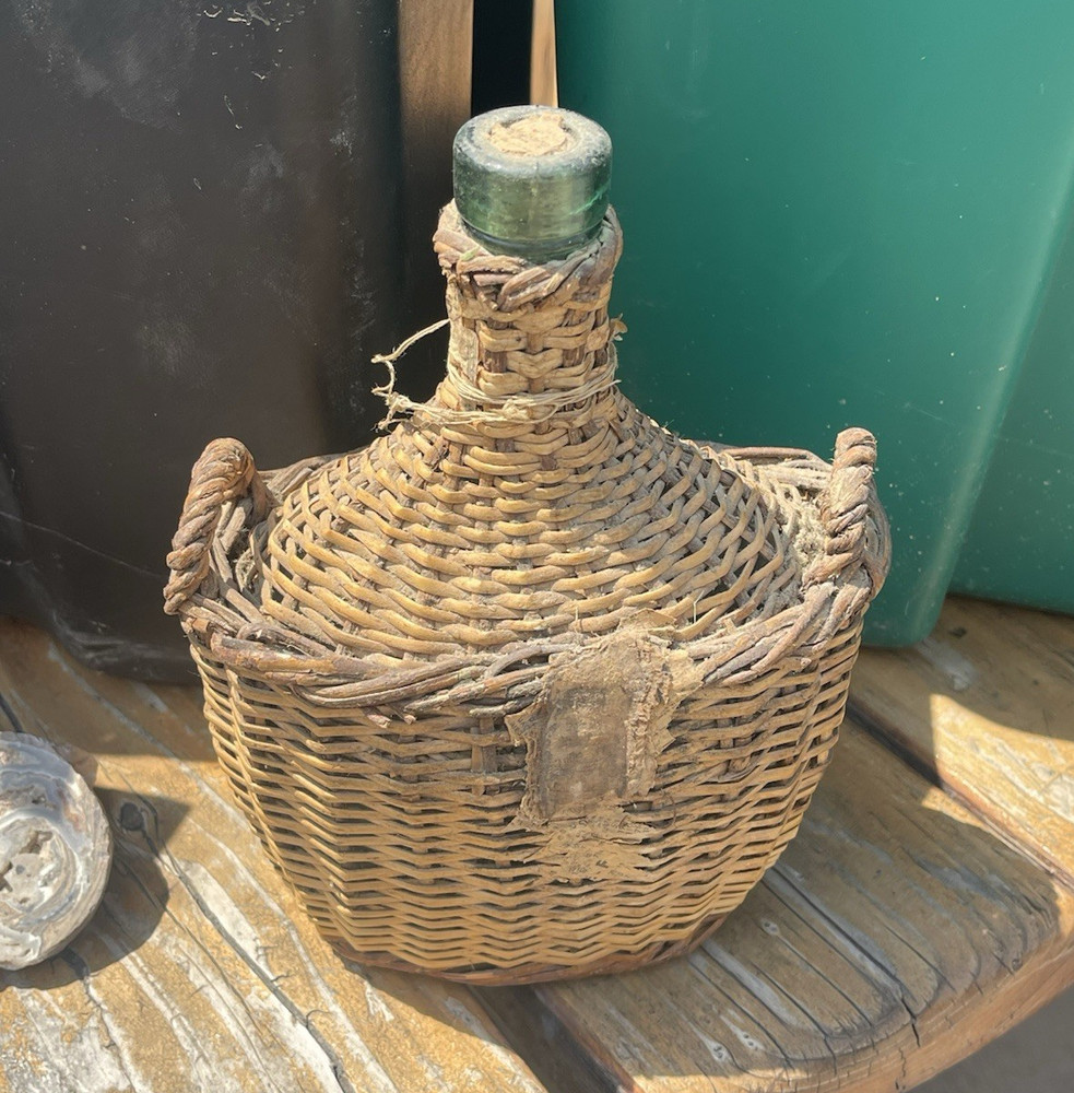 Brown Wicker Covered Glass Wine Bottle Jug Demijohn Carboy w/ Handles & Cork