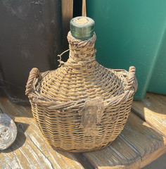 Brown Wicker Covered Glass Wine Bottle Jug Demijohn Carboy w/ Handles & Cork