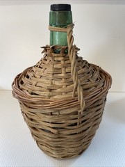 Vtg Wicker Wrapped Demijohn De Muller Viresa Spain Green Glass Wine Bottle 13”H*