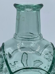 Vintage pressed green glass wine bottle, Embossed seal, Unique Shape, Canada