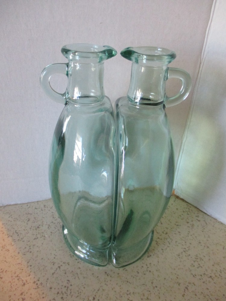 2 OIL & VINEGAR BOTTLES, VETRERIA ETRUSCA ITALY, 16 OZ BOOKEND STYLE, GREEN TINT