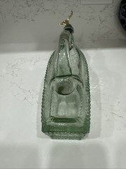 Vintage Wine Bottle Decanter Basket Pattern Greenish Hue With Deer Stopper