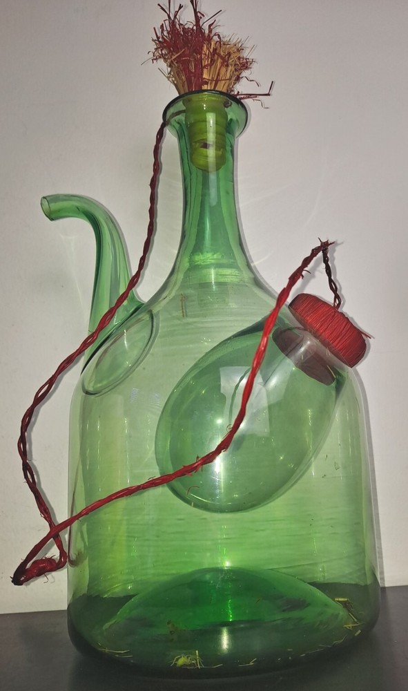 Vintage Italian Hand Blown Green Glass Wine Bottle Decanter w/ Ice Chamber, Cork