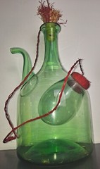 Vintage Italian Hand Blown Green Glass Wine Bottle Decanter w/ Ice Chamber, Cork