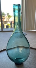 Antique Hand Blown Wine Bottle Torpedo Round Bottom Green Glass BONUS: Holder