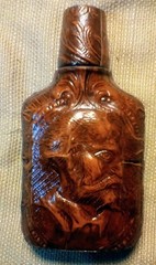 Vintage Spanish Leather Covered Liquor Bottle Flask Spain Embossed Man&rsquo;s Head