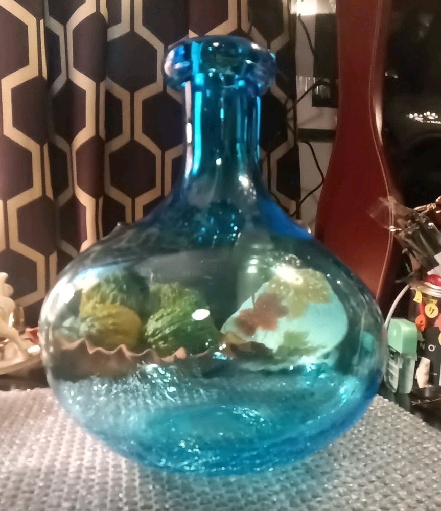Blue Demijohn Studio Blown Glass Large bottle Crackled Bottom Polished Pontil