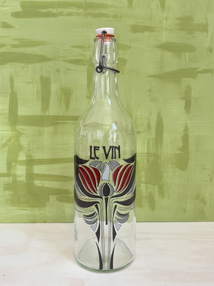 LE VIN Vintage French Wine Glass Bottle, Porcelain Stopper; Art Nouveau Style