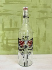 LE VIN Vintage French Wine Glass Bottle, Porcelain Stopper; Art Nouveau Style
