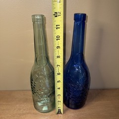 Lot Of 2 AM Cobalt Blue Clear Glass Wine Bottle 12&Prime; Tall Embossed Grapes Leaves