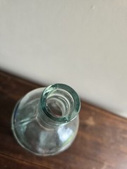 La Mediterranean Blown Teal Glass Wine Bottle/Decatur W/Cork Embossed Grapes