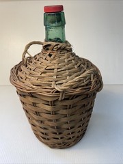 Vtg Wicker Wrapped Demijohn Label DALMAU Spain Green Glass Wine Bottle 13” tall