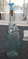 Italian Aqua Blue Fish Shaped Wine Bottle 13&Prime; VTG Glass With Fish Tail Cork EUC