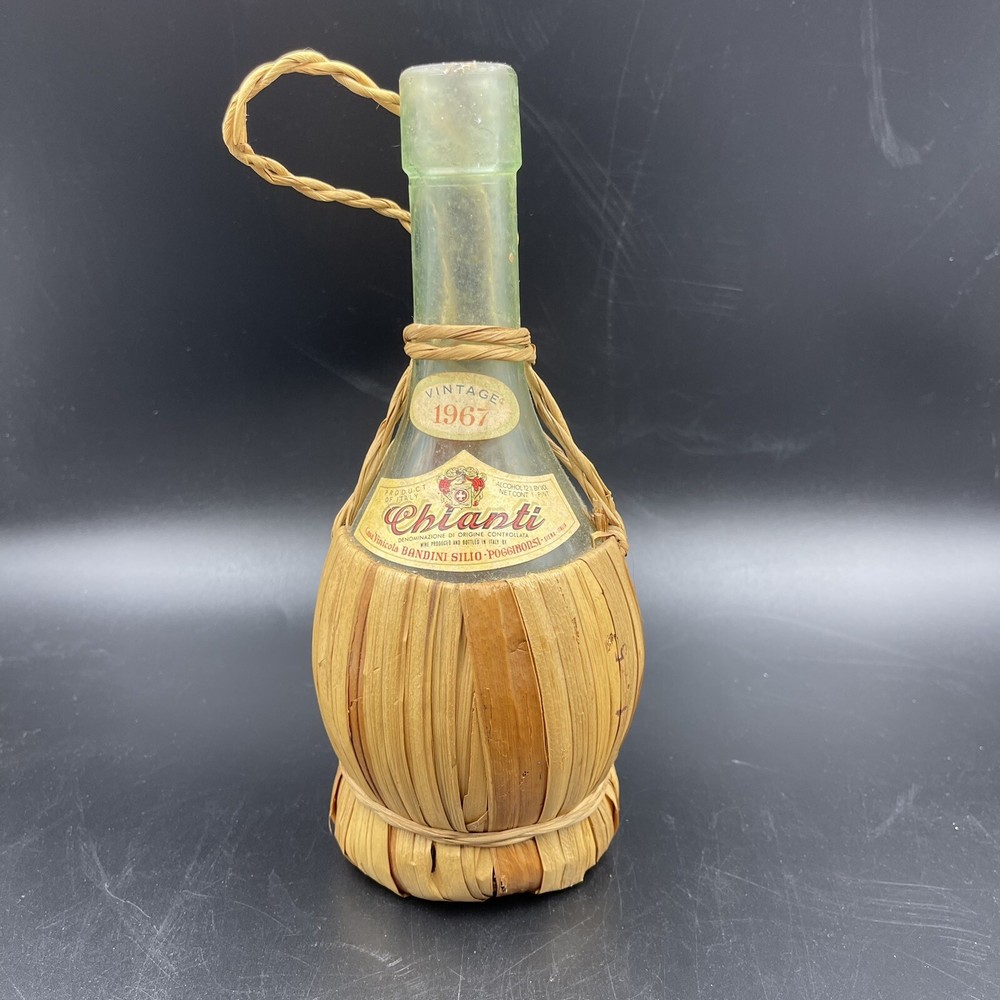 1967 Chianti Wine Bottle Rattan Wrap Wicker Basket Loop Italy Bandini Vintage