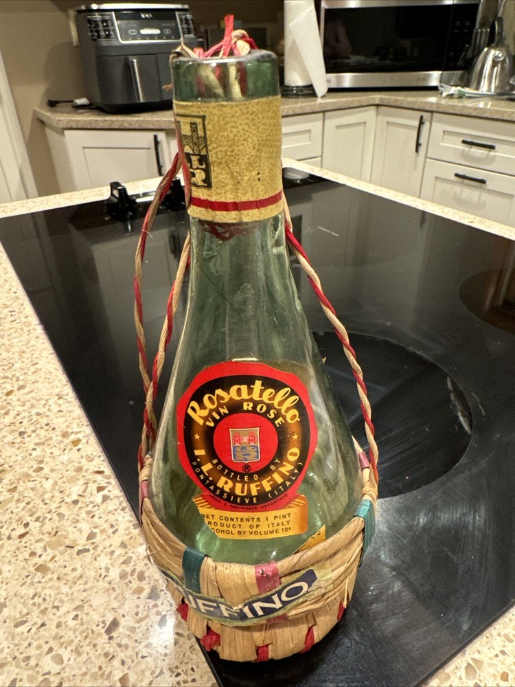 Vtg I.L Ruffino Vin Rose EMPTY Green Wine Bottle Rattan Wrap Original Label-B11