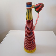 Vintage 60s MCM Viresa Spain Scoubidou Plastic Wicker Wrapped Wine Bottle Boho