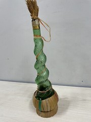 Vintage 18” Corkscrew Shape Empty Green Glass Wine Bottle Basket & Label