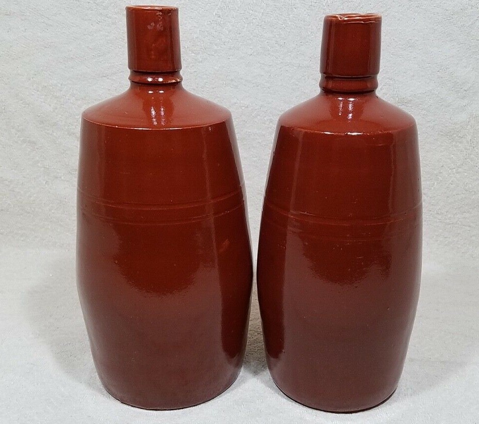GERMANY STONEWARE EMPTY WINE BEER BOTTLE DECANTER GLAZE BROWN LOT OF 2 VTG RETRO