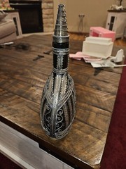 Vintage Elaborate Silvered Copper Wire Filigree Wrapped Green Bottle