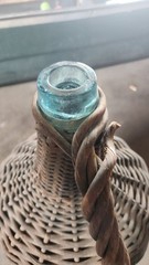 Antique Wicker Wrapped Aqua Glass Demijohn Wine Bottle 15” Tall French Farmhouse