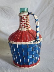 Vintage Viresa Demijohn Wine Bottle Scoubidou Woven Plastic Wicker Jug 1L 1960s