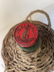 Vtg Wicker Wrapped Demijohn Label DALMAU Spain Green Glass Wine Bottle 13” tall