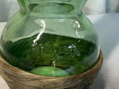 VTG 1973 Green Glass BUBBLE style Italian Empty Wine Bottle W/Wicker Base 13 In