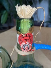 1963 Chianti Italian Wine Green Glass Decanter & Blue Wicker Basket Labels Rare