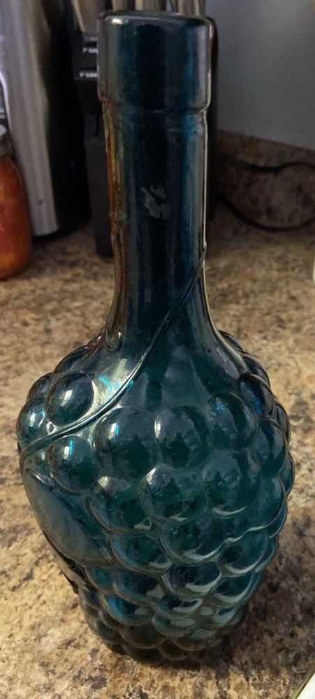 Clear TEAL Grape Vineyard Design Wine Bottle 10” tall Rare Vintage