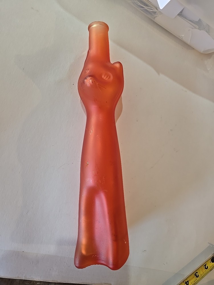 Frosted red orange bottle Mosel Riesling Qualitatswein Happy Cat vase EMPTY 2006