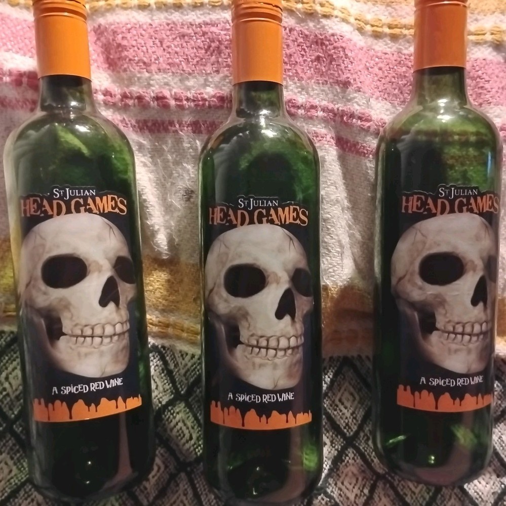 Lot of 3 EMPTY St Julian Head Games Red Wine Bottles Skull Halloween Crafts