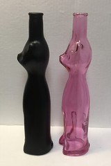 2 Lot Happy Cat Clear Pink Black Tall Glass Bottle Vase Wine Product Germany 13”