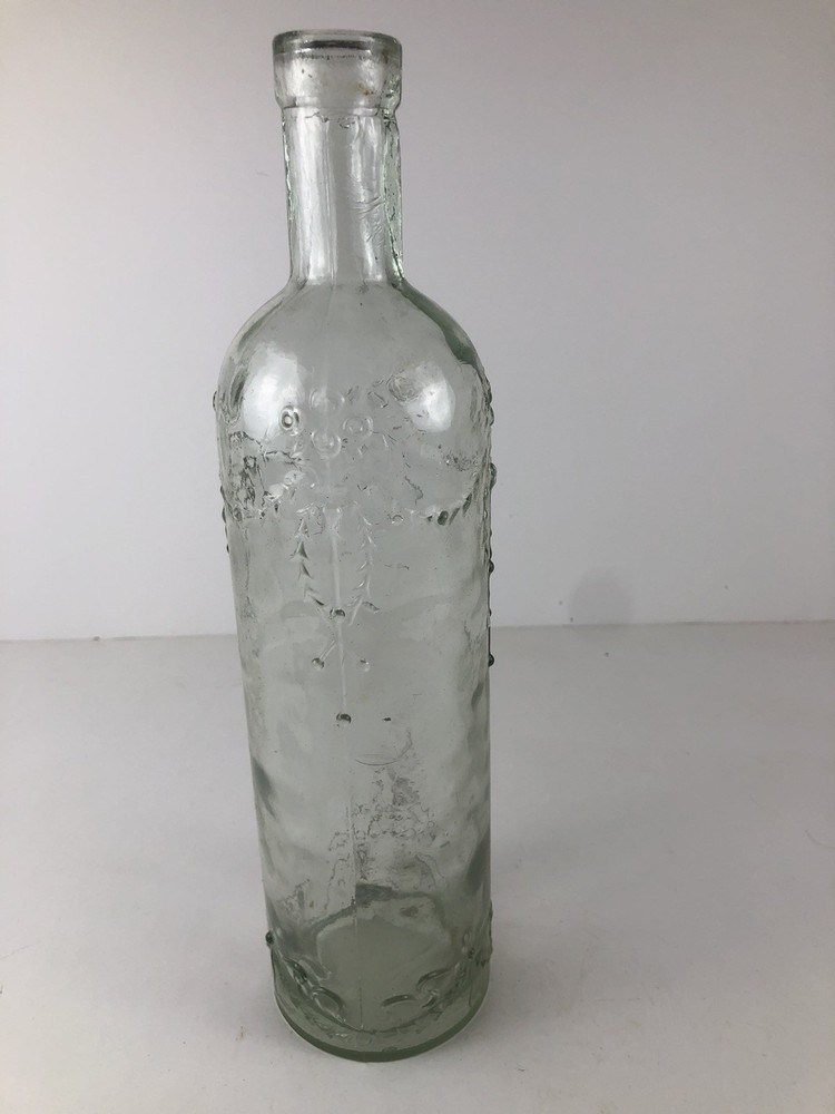 Vintage Pressed Glass Bottle Made in Spain Floral Motif